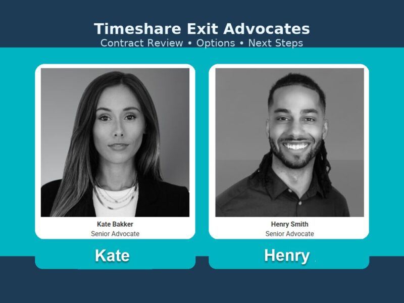 Senior timeshare exit advocates Kate and Henry—professional portraits side by side, ready to review a timeshare contract.