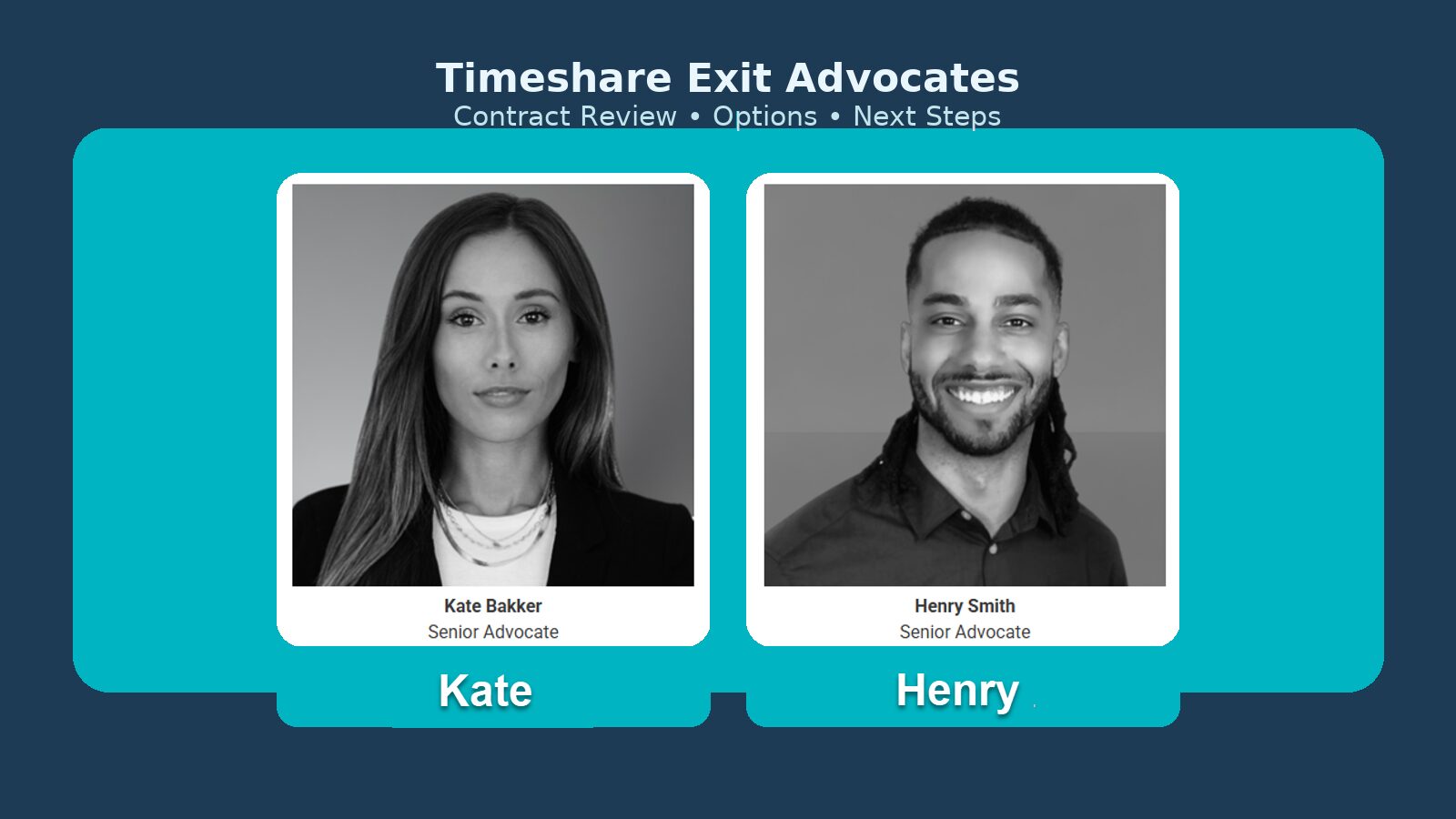 Senior timeshare exit advocates Kate and Henry—professional portraits side by side, ready to review a timeshare contract.