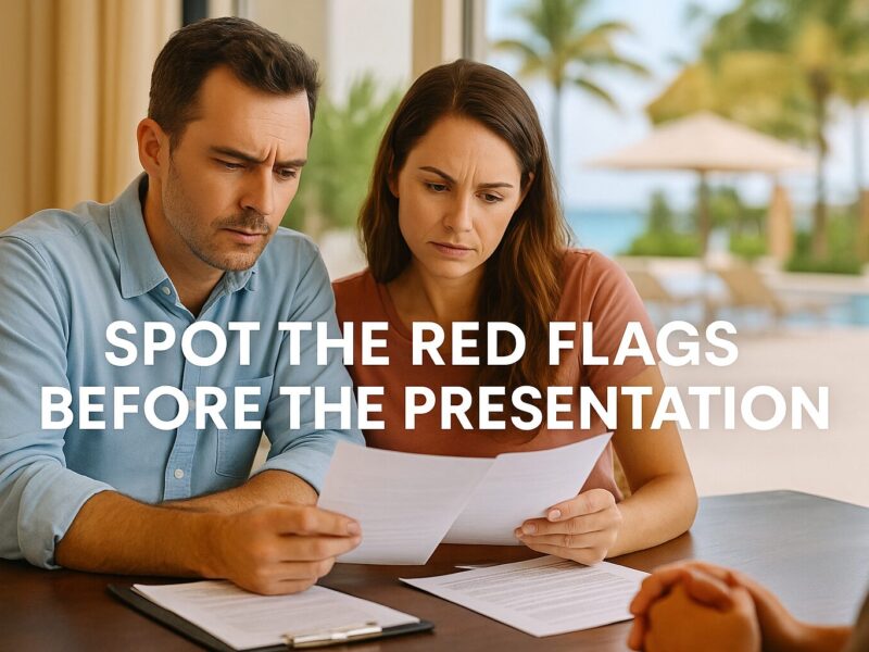 Couple reviewing timeshare contract to avoid scams.