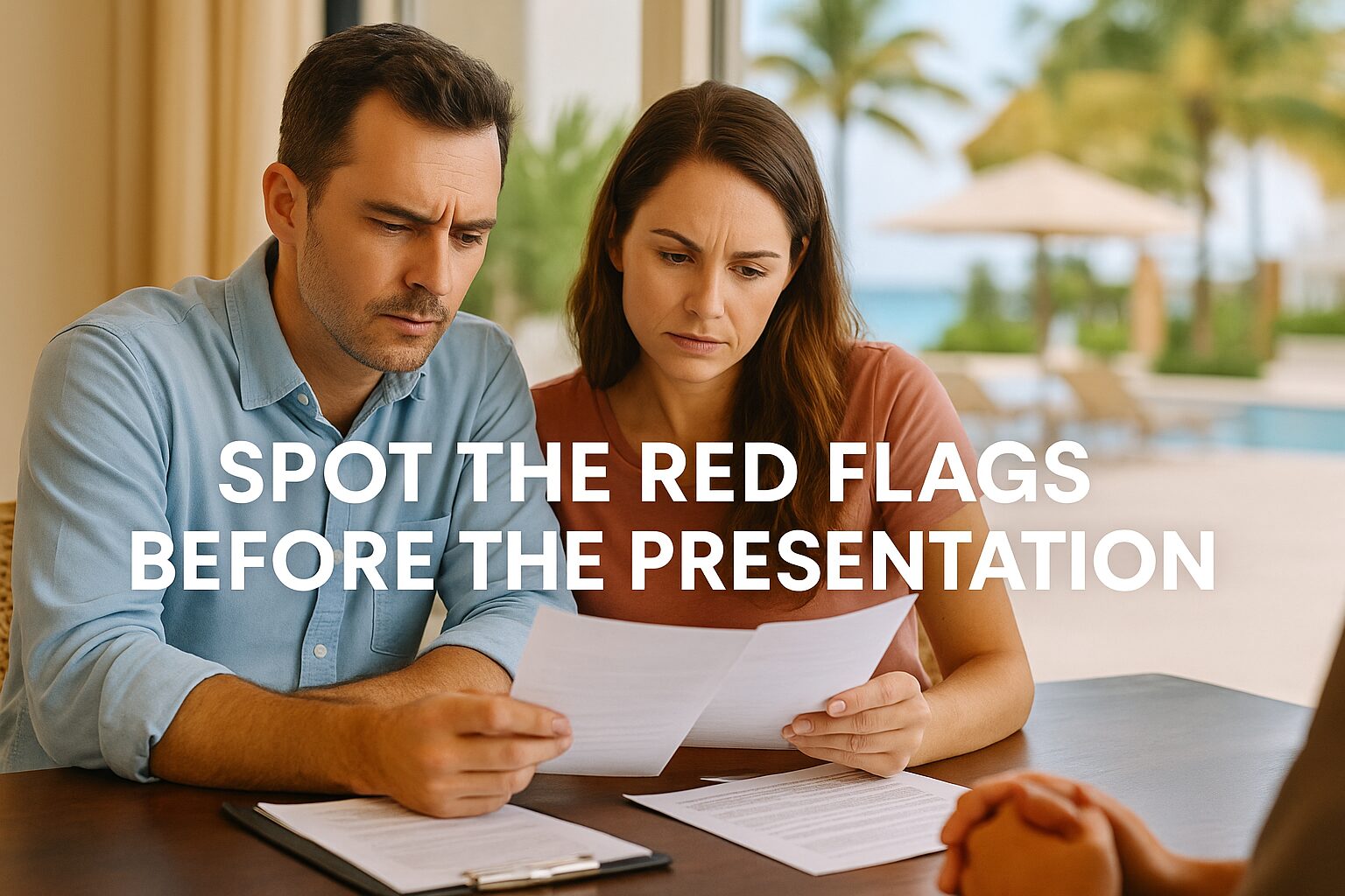 Couple reviewing timeshare contract to avoid scams.