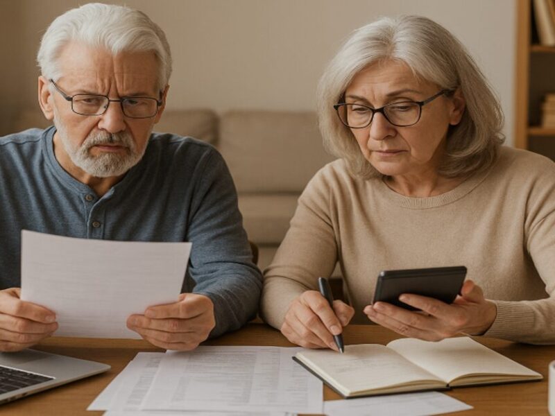 Senior couple reviewing rising timeshare maintenance fee bills at home