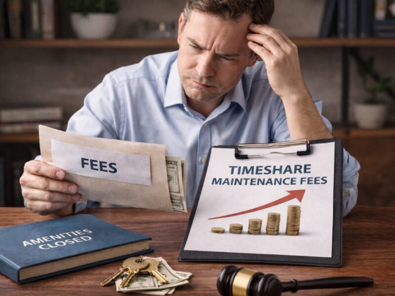 Timeshare owner reviewing rising maintenance fees as amenities decline