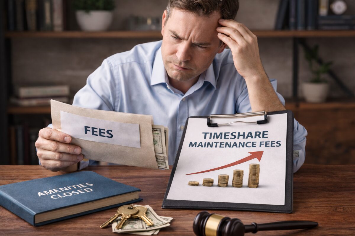Timeshare owner reviewing rising maintenance fees as amenities decline