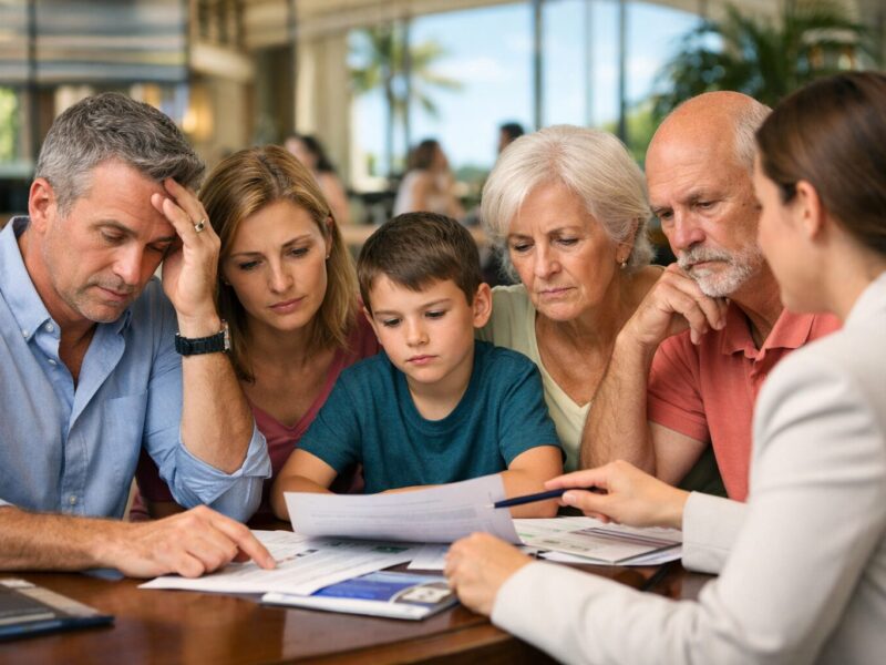 Multi-generational family experiencing timeshare pressure at a resort sales desk