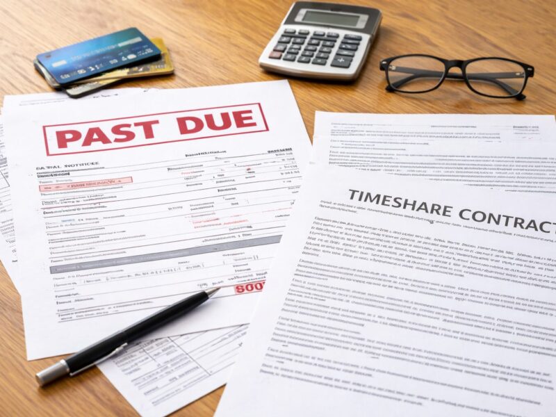 Timeshare contract and past-due maintenance bill on a desk with calculator and paperwork