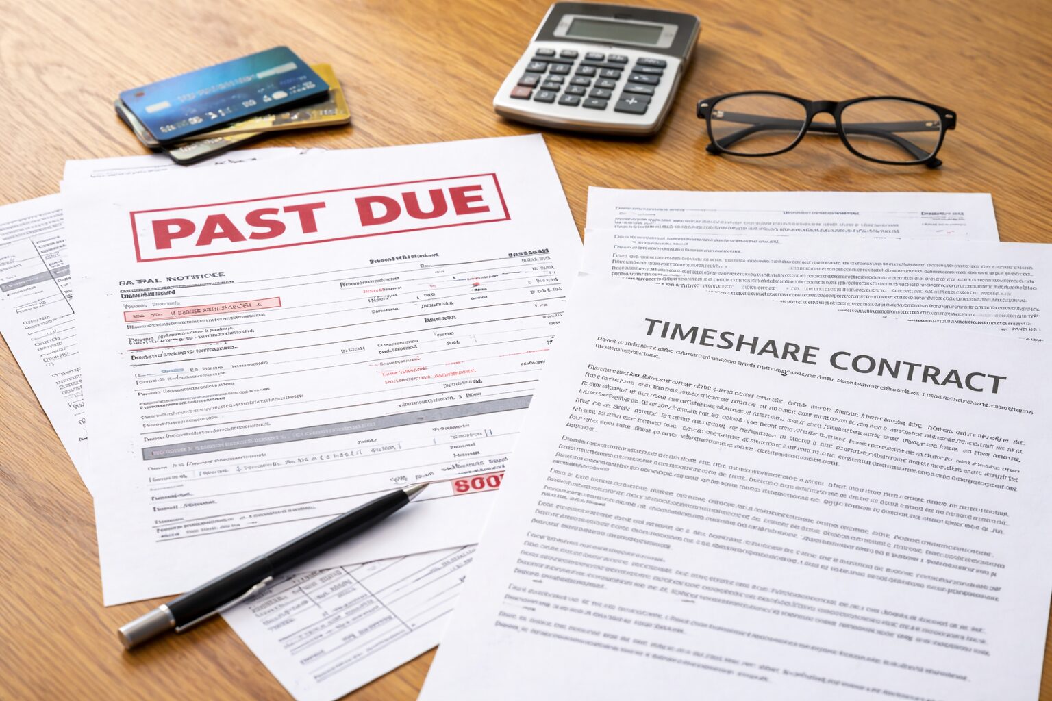 Timeshare contract and past-due maintenance bill on a desk with calculator and paperwork