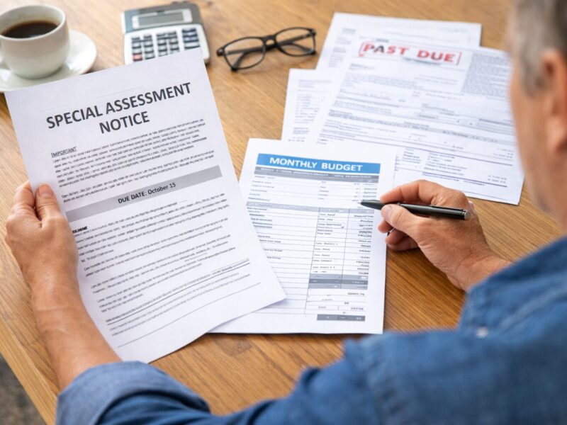 Timeshare owner reviewing a special assessment notice and household budget papers