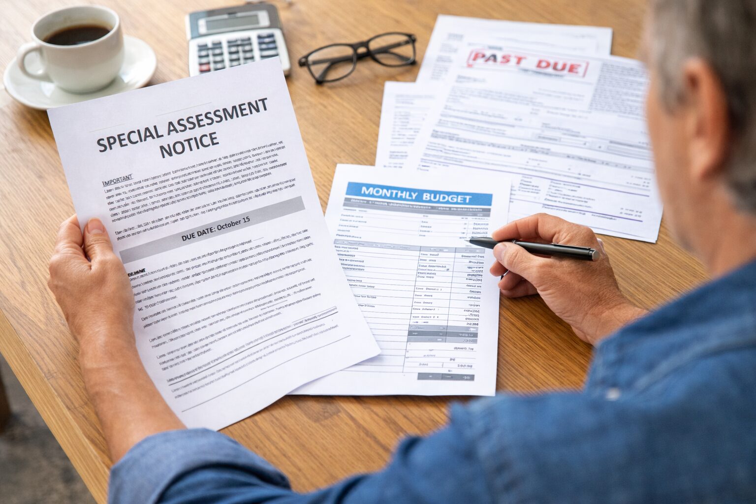 Timeshare owner reviewing a special assessment notice and household budget papers