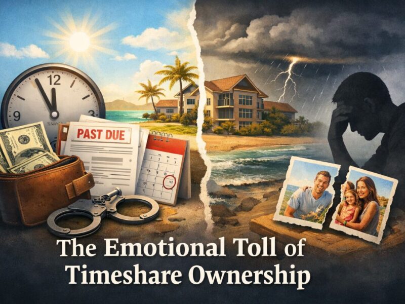 Illustration showing the emotional toll of timeshare ownership and financial stress