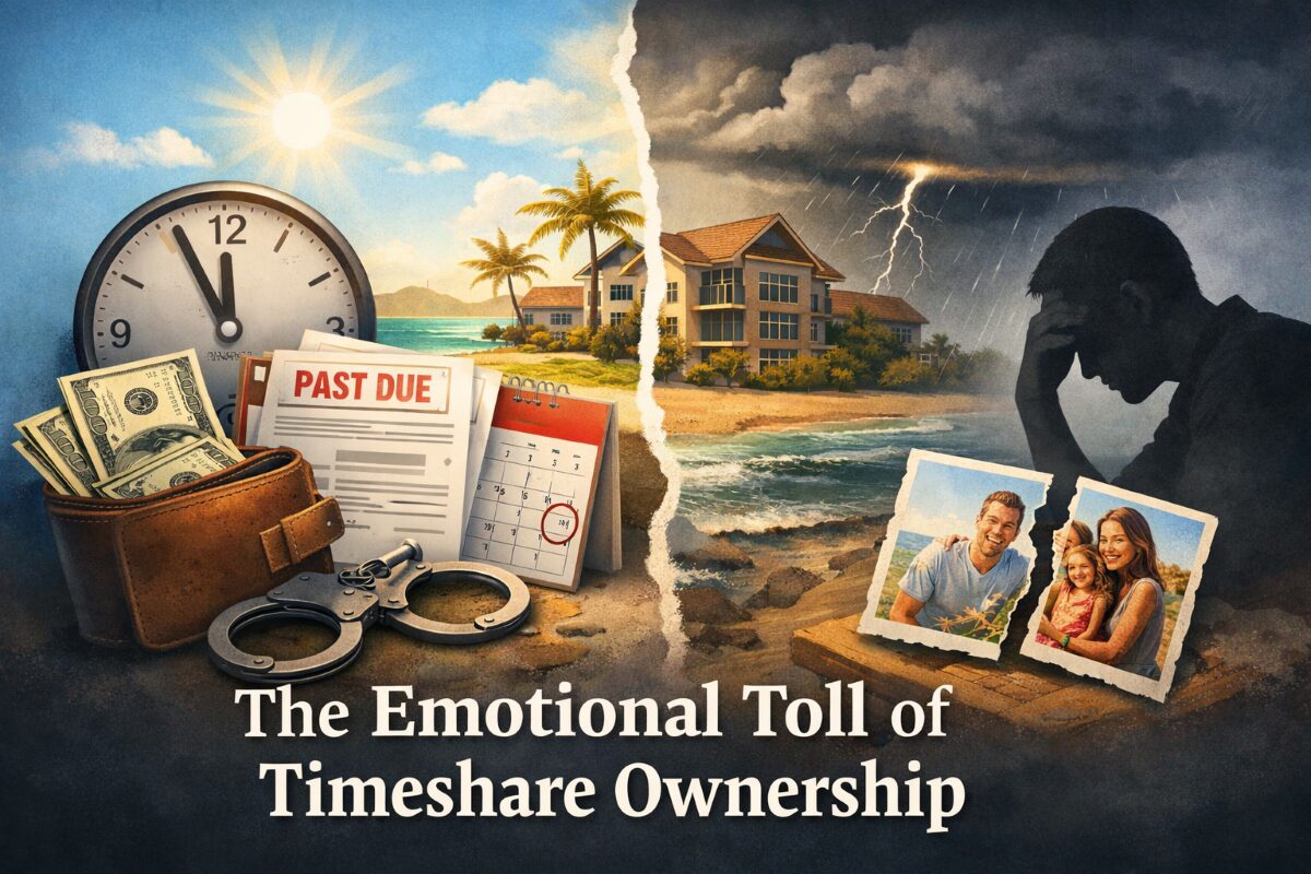 Illustration showing the emotional toll of timeshare ownership and financial stress