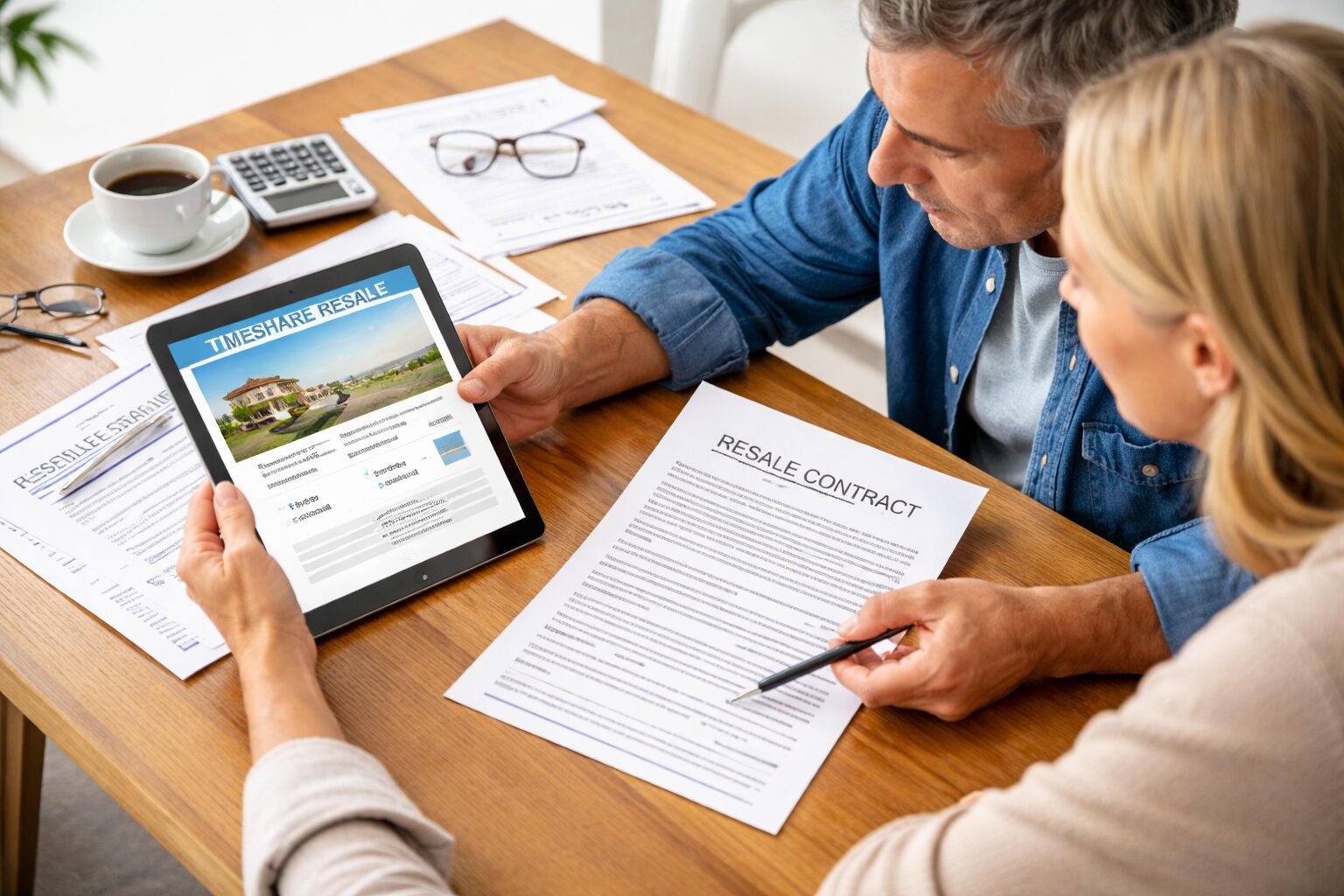Timeshare owner reviewing resale listing and contract paperwork at a desk