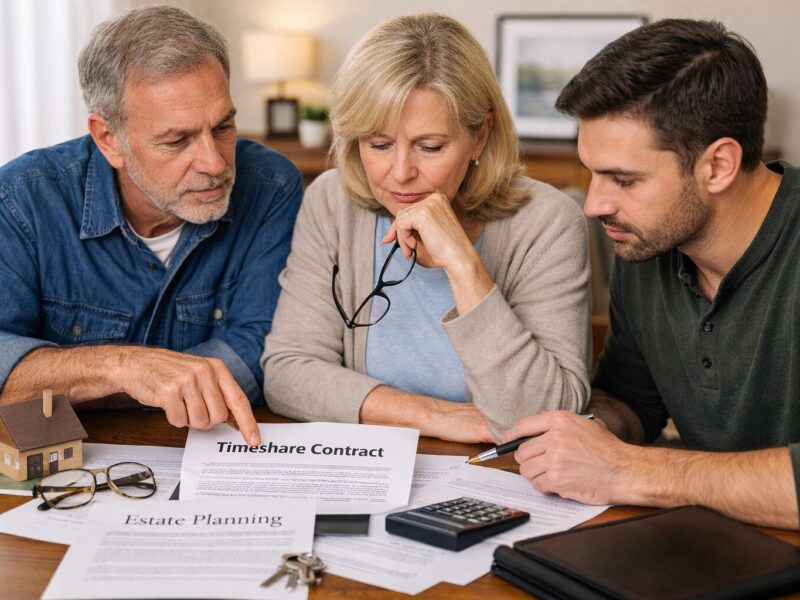 Family reviewing estate paperwork related to a timeshare contract