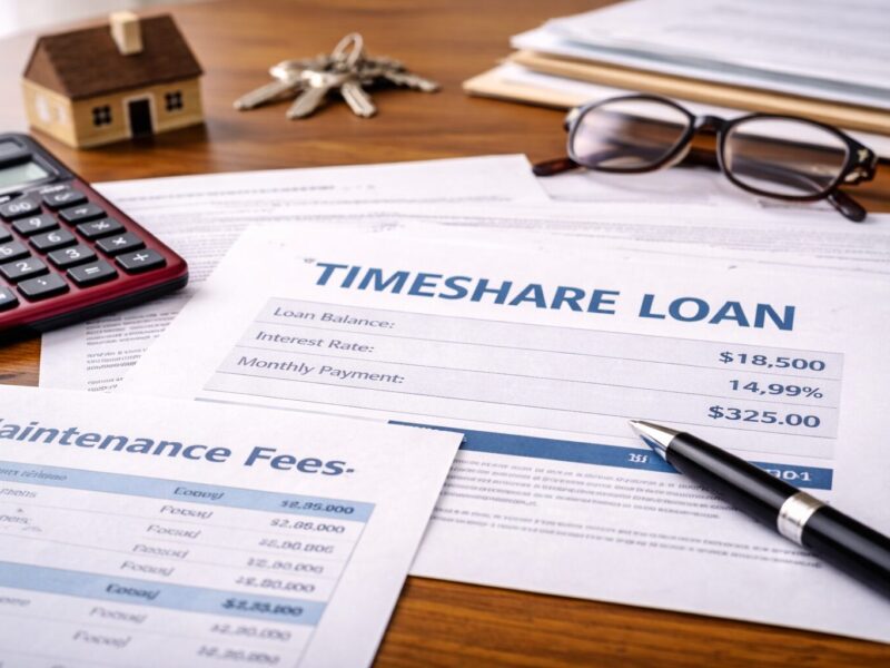 Timeshare loan paperwork with calculator and financial documents