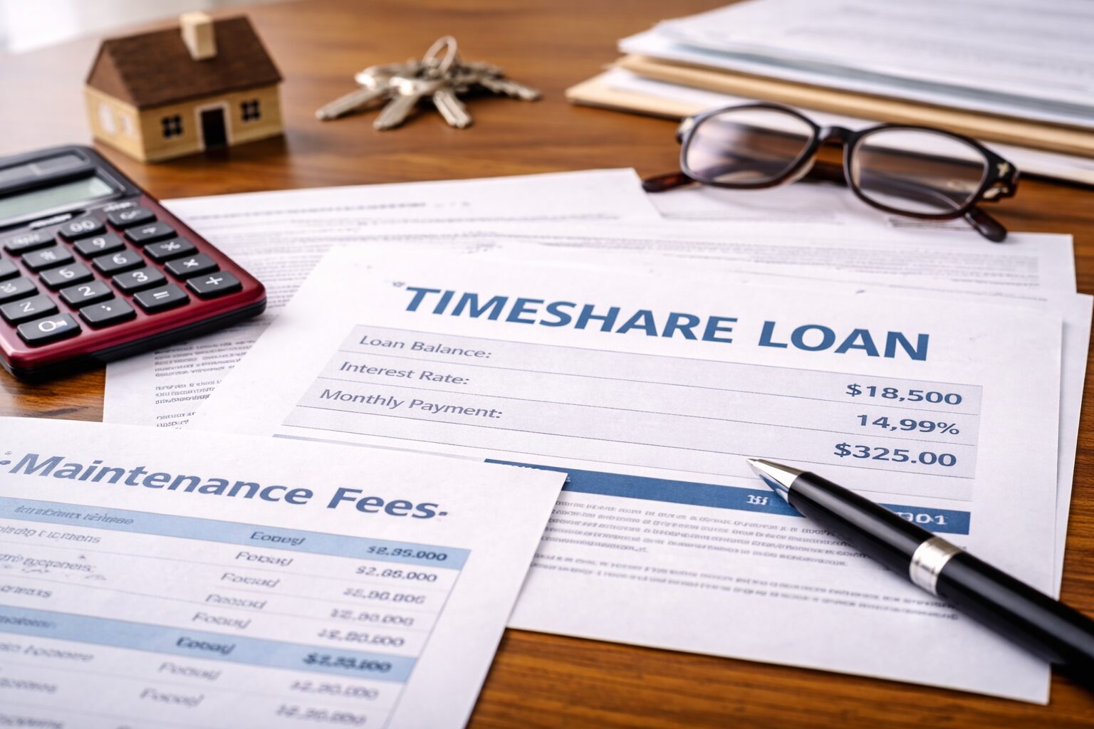 Timeshare loan paperwork with calculator and financial documents