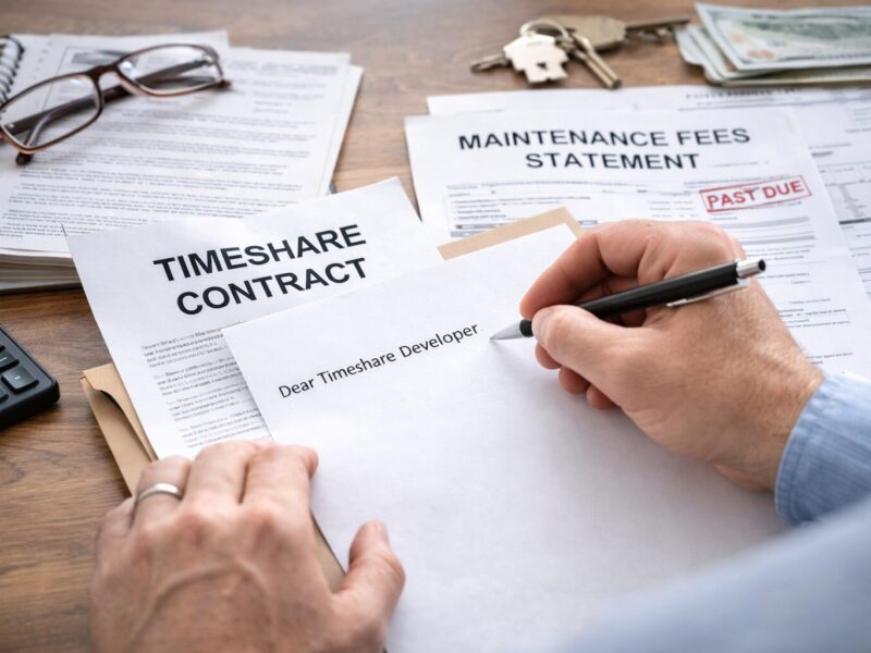 Person reviewing timeshare contract while preparing to contact developer
