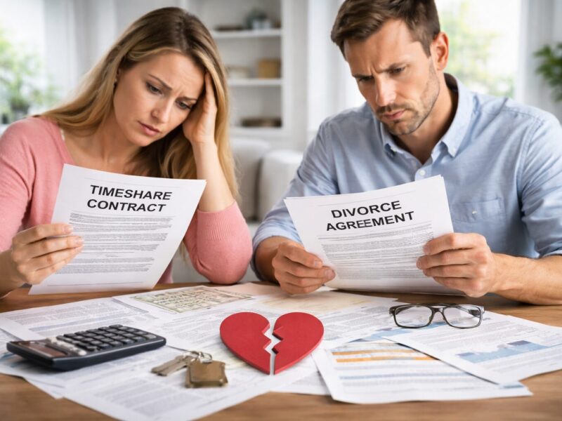 Divorcing couple reviewing timeshare contract and financial documents