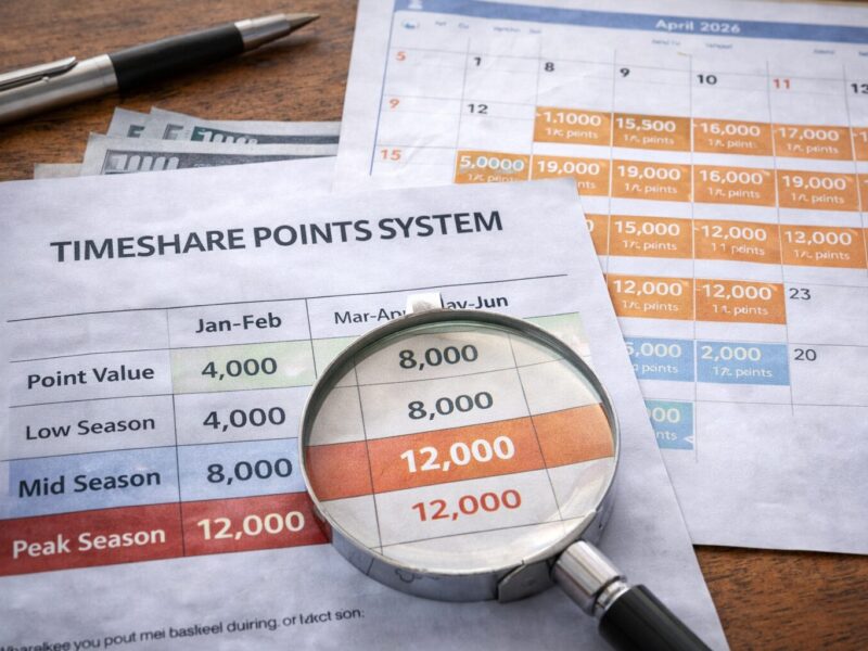Timeshare points chart and booking calendar showing variable point values