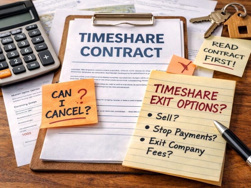 Timeshare contract paperwork with calculator and notes about exiting ownership