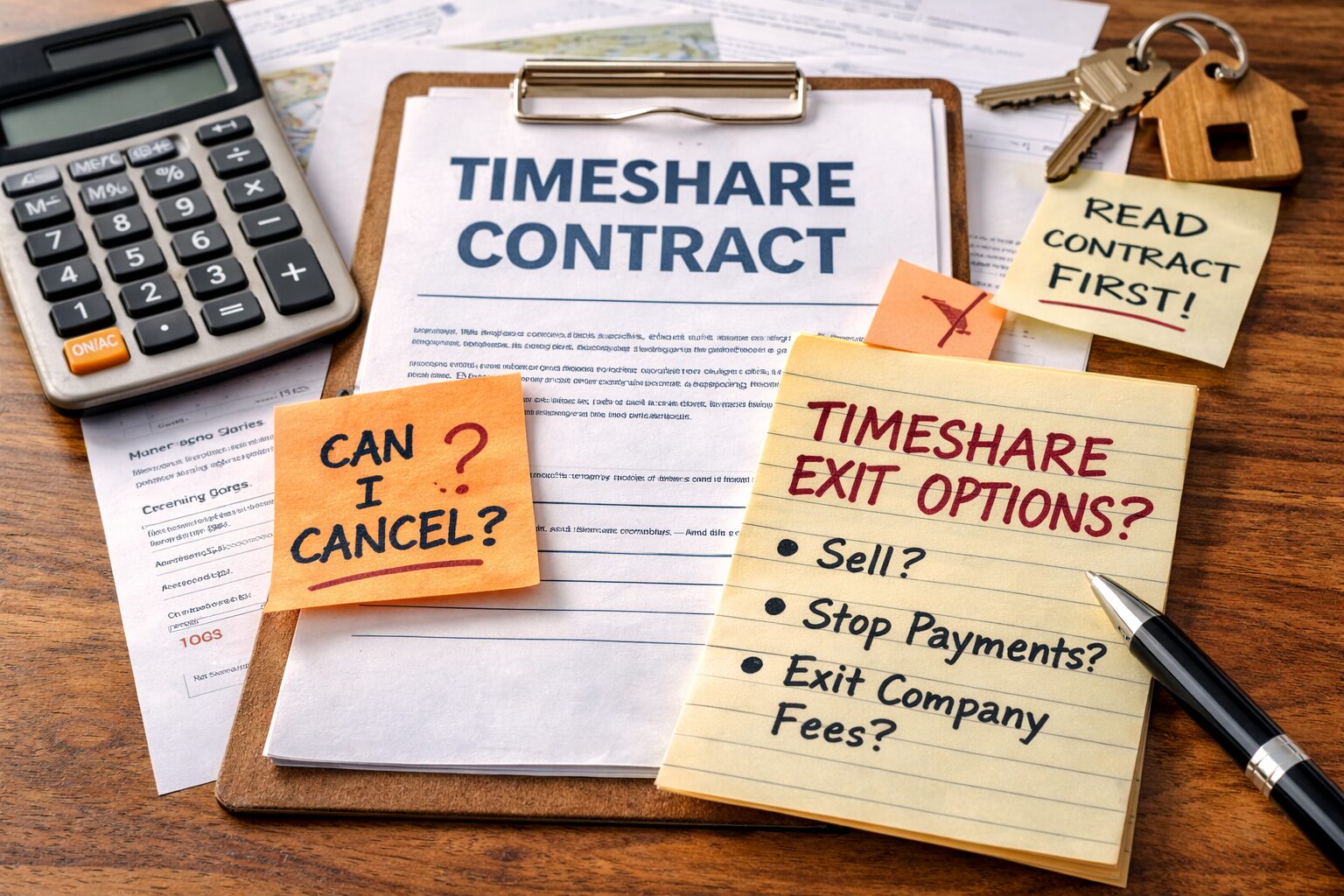 Timeshare contract paperwork with calculator and notes about exiting ownership
