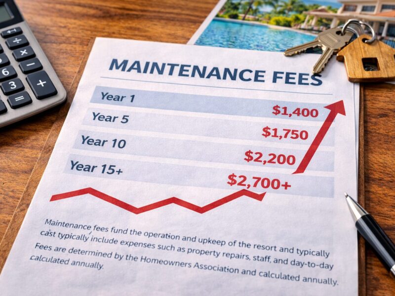 Timeshare maintenance fee statement showing rising annual costs