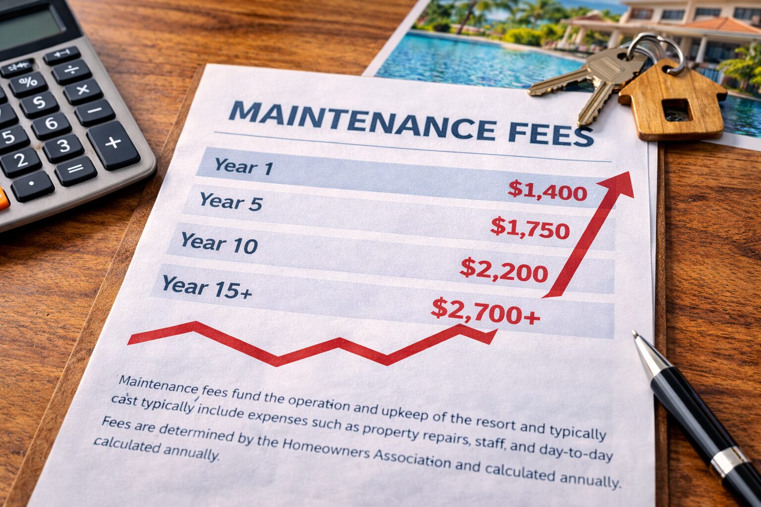 Timeshare maintenance fee statement showing rising annual costs